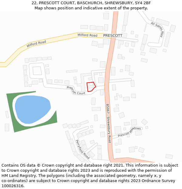 22, PRESCOTT COURT, BASCHURCH, SHREWSBURY, SY4 2BF: Location map and indicative extent of plot