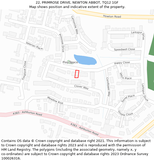22, PRIMROSE DRIVE, NEWTON ABBOT, TQ12 1GF: Location map and indicative extent of plot