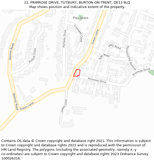 22, PRIMROSE DRIVE, TUTBURY, BURTON-ON-TRENT, DE13 9LQ: Location map and indicative extent of plot