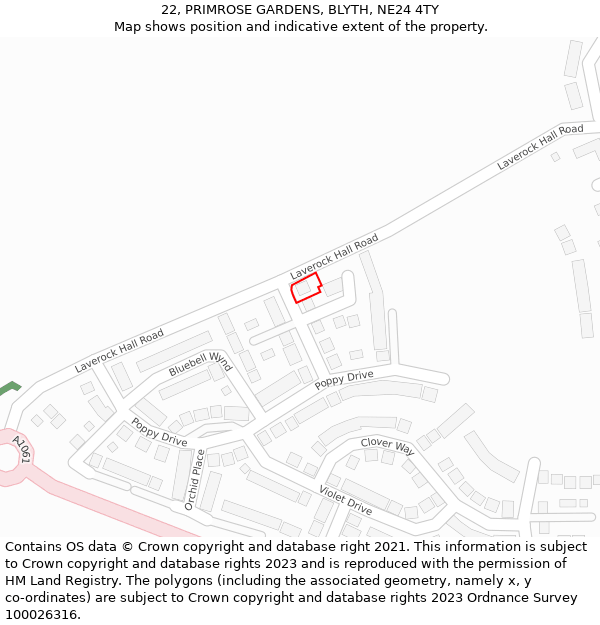 22, PRIMROSE GARDENS, BLYTH, NE24 4TY: Location map and indicative extent of plot