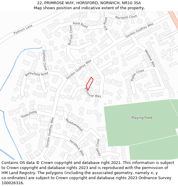 22, PRIMROSE WAY, HORSFORD, NORWICH, NR10 3SA: Location map and indicative extent of plot