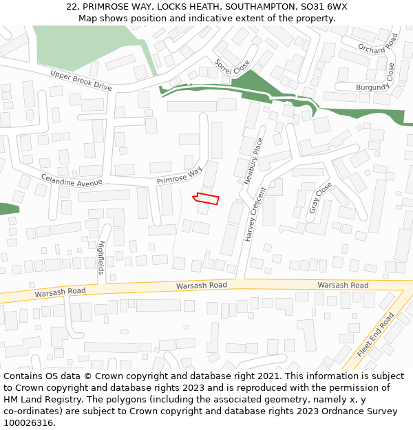 22, PRIMROSE WAY, LOCKS HEATH, SOUTHAMPTON, SO31 6WX: Location map and indicative extent of plot