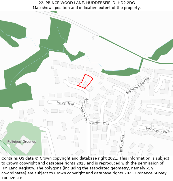 22, PRINCE WOOD LANE, HUDDERSFIELD, HD2 2DG: Location map and indicative extent of plot