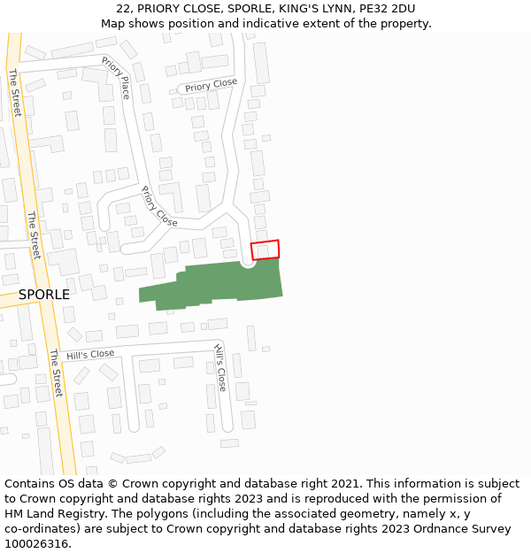 22, PRIORY CLOSE, SPORLE, KING'S LYNN, PE32 2DU: Location map and indicative extent of plot