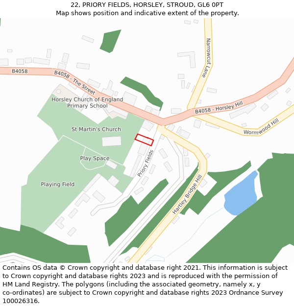 22, PRIORY FIELDS, HORSLEY, STROUD, GL6 0PT: Location map and indicative extent of plot