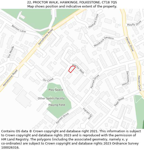 22, PROCTOR WALK, HAWKINGE, FOLKESTONE, CT18 7QS: Location map and indicative extent of plot