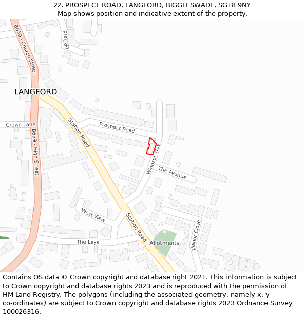 22, PROSPECT ROAD, LANGFORD, BIGGLESWADE, SG18 9NY: Location map and indicative extent of plot