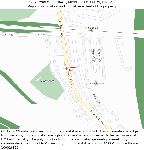 22, PROSPECT TERRACE, MICKLEFIELD, LEEDS, LS25 4DJ: Location map and indicative extent of plot