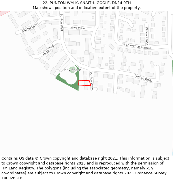 22, PUNTON WALK, SNAITH, GOOLE, DN14 9TH: Location map and indicative extent of plot