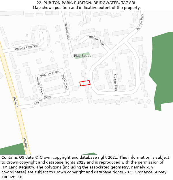 22, PURITON PARK, PURITON, BRIDGWATER, TA7 8BL: Location map and indicative extent of plot