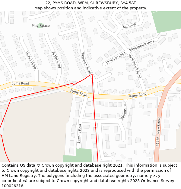 22, PYMS ROAD, WEM, SHREWSBURY, SY4 5AT: Location map and indicative extent of plot