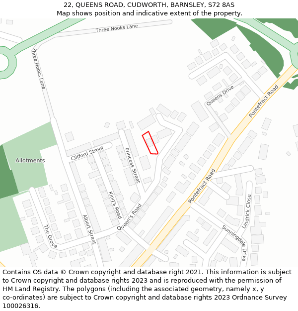 22, QUEENS ROAD, CUDWORTH, BARNSLEY, S72 8AS: Location map and indicative extent of plot
