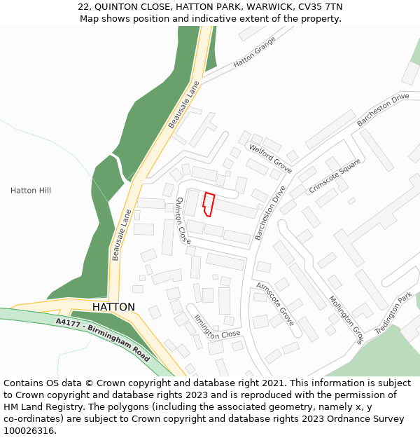 22, QUINTON CLOSE, HATTON PARK, WARWICK, CV35 7TN: Location map and indicative extent of plot