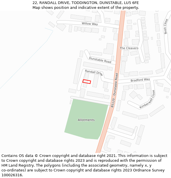 22, RANDALL DRIVE, TODDINGTON, DUNSTABLE, LU5 6FE: Location map and indicative extent of plot