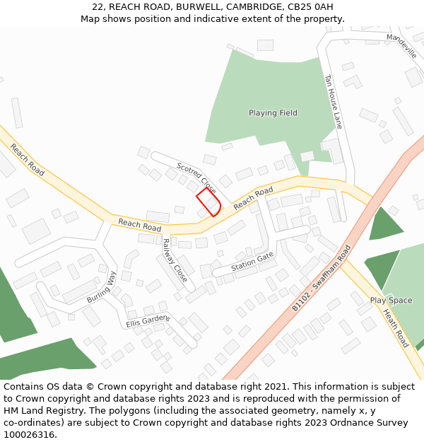 22, REACH ROAD, BURWELL, CAMBRIDGE, CB25 0AH: Location map and indicative extent of plot