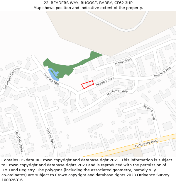 22, READERS WAY, RHOOSE, BARRY, CF62 3HP: Location map and indicative extent of plot