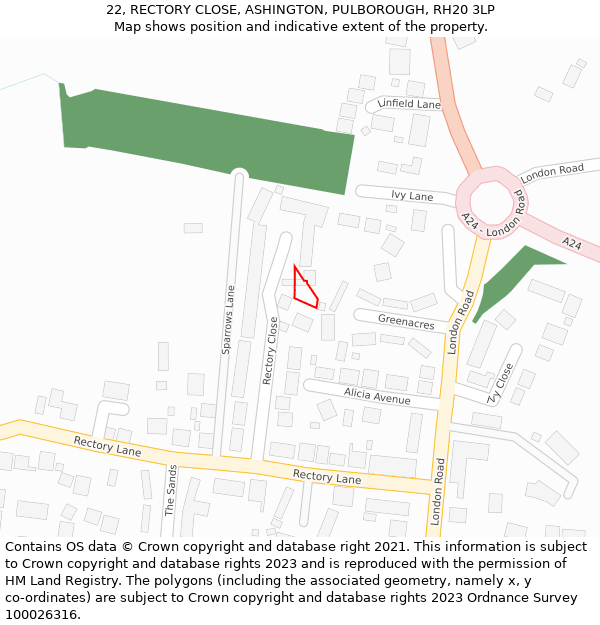 22, RECTORY CLOSE, ASHINGTON, PULBOROUGH, RH20 3LP: Location map and indicative extent of plot