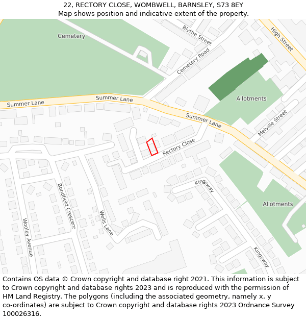 22, RECTORY CLOSE, WOMBWELL, BARNSLEY, S73 8EY: Location map and indicative extent of plot