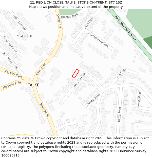 22, RED LION CLOSE, TALKE, STOKE-ON-TRENT, ST7 1SZ: Location map and indicative extent of plot