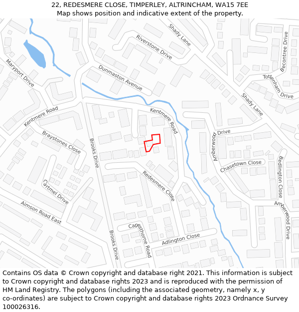 22, REDESMERE CLOSE, TIMPERLEY, ALTRINCHAM, WA15 7EE: Location map and indicative extent of plot