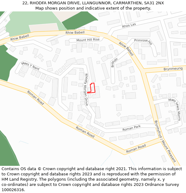 22, RHODFA MORGAN DRIVE, LLANGUNNOR, CARMARTHEN, SA31 2NX: Location map and indicative extent of plot