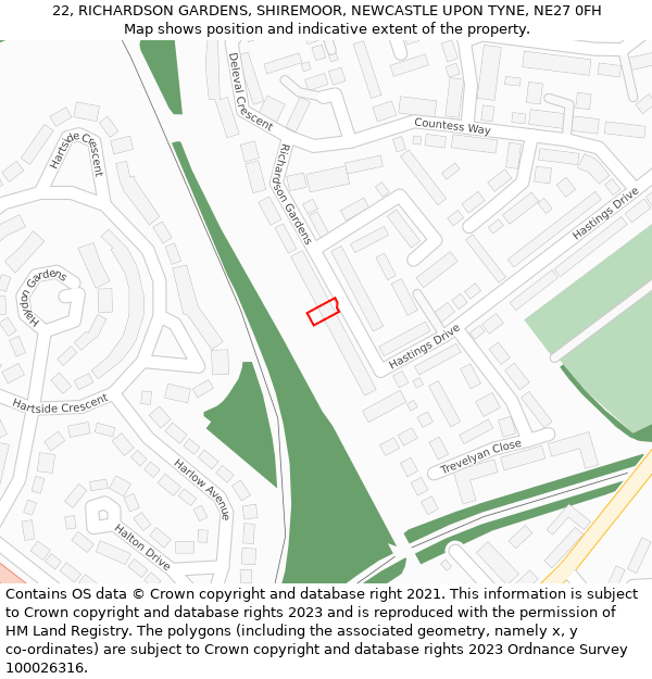 22, RICHARDSON GARDENS, SHIREMOOR, NEWCASTLE UPON TYNE, NE27 0FH: Location map and indicative extent of plot