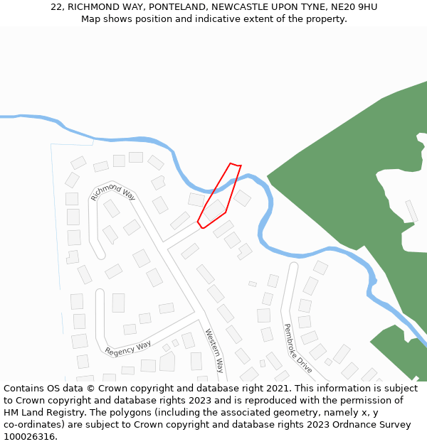 22, RICHMOND WAY, PONTELAND, NEWCASTLE UPON TYNE, NE20 9HU: Location map and indicative extent of plot