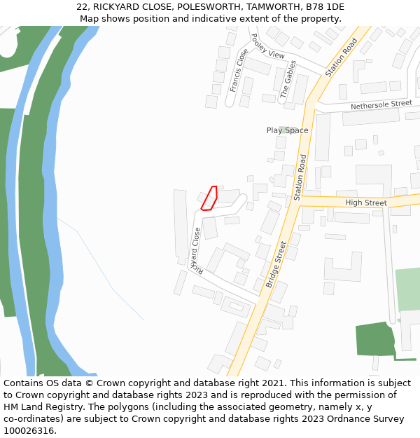22, RICKYARD CLOSE, POLESWORTH, TAMWORTH, B78 1DE: Location map and indicative extent of plot