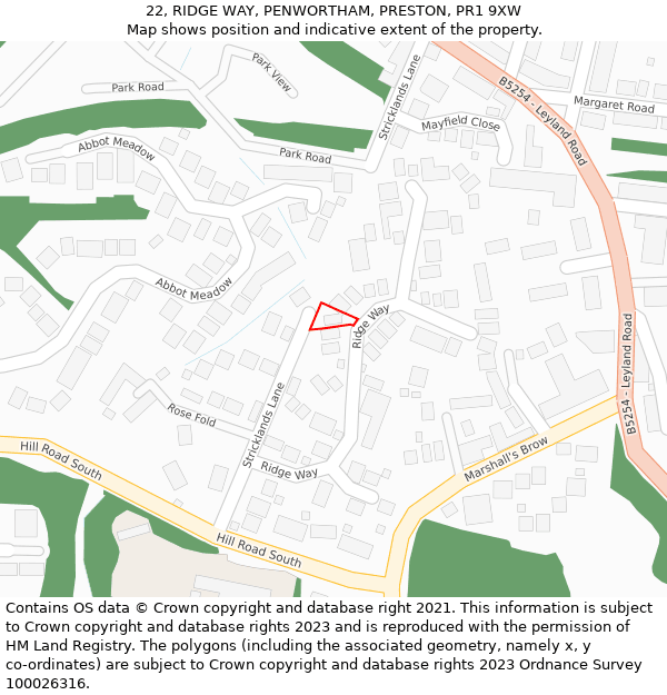 22, RIDGE WAY, PENWORTHAM, PRESTON, PR1 9XW: Location map and indicative extent of plot