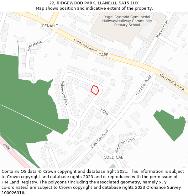 22, RIDGEWOOD PARK, LLANELLI, SA15 1HX: Location map and indicative extent of plot