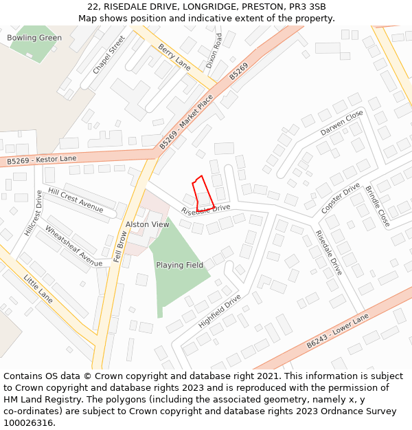 22, RISEDALE DRIVE, LONGRIDGE, PRESTON, PR3 3SB: Location map and indicative extent of plot