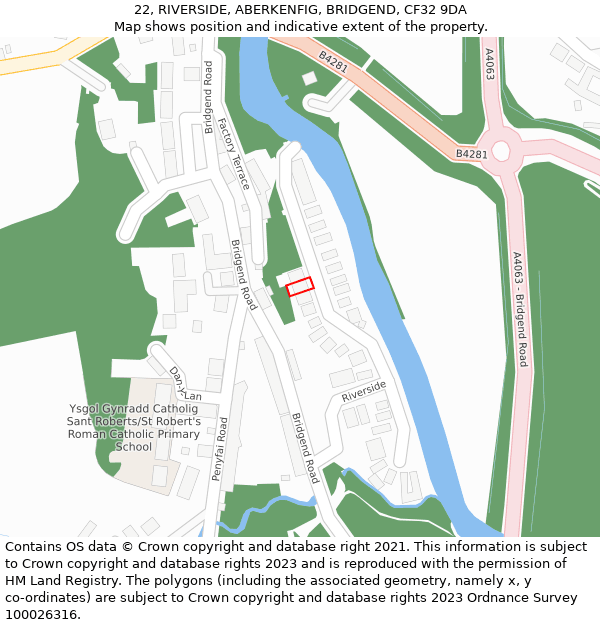 22, RIVERSIDE, ABERKENFIG, BRIDGEND, CF32 9DA: Location map and indicative extent of plot