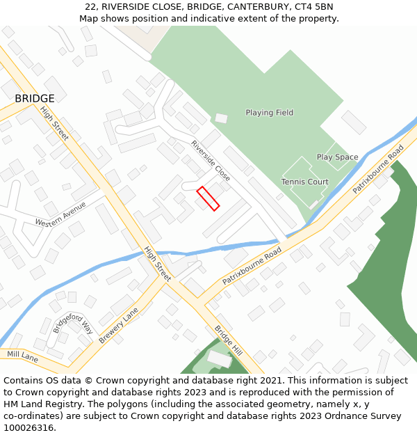 22, RIVERSIDE CLOSE, BRIDGE, CANTERBURY, CT4 5BN: Location map and indicative extent of plot