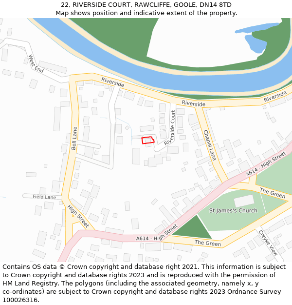 22, RIVERSIDE COURT, RAWCLIFFE, GOOLE, DN14 8TD: Location map and indicative extent of plot