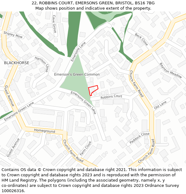 22, ROBBINS COURT, EMERSONS GREEN, BRISTOL, BS16 7BG: Location map and indicative extent of plot