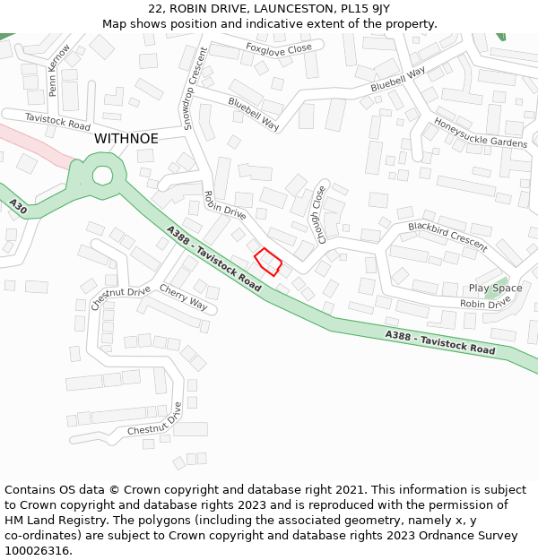 22, ROBIN DRIVE, LAUNCESTON, PL15 9JY: Location map and indicative extent of plot