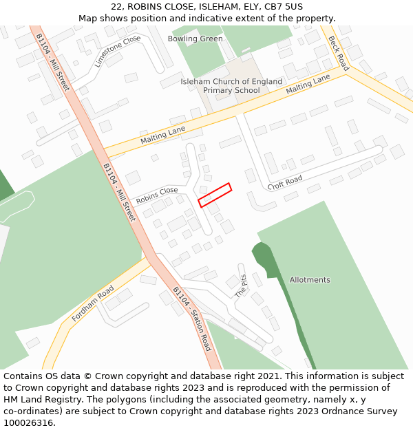 22, ROBINS CLOSE, ISLEHAM, ELY, CB7 5US: Location map and indicative extent of plot