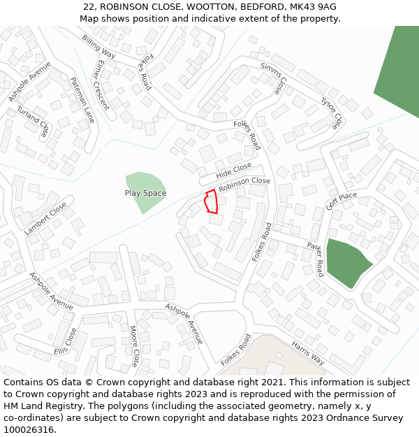 22, ROBINSON CLOSE, WOOTTON, BEDFORD, MK43 9AG: Location map and indicative extent of plot