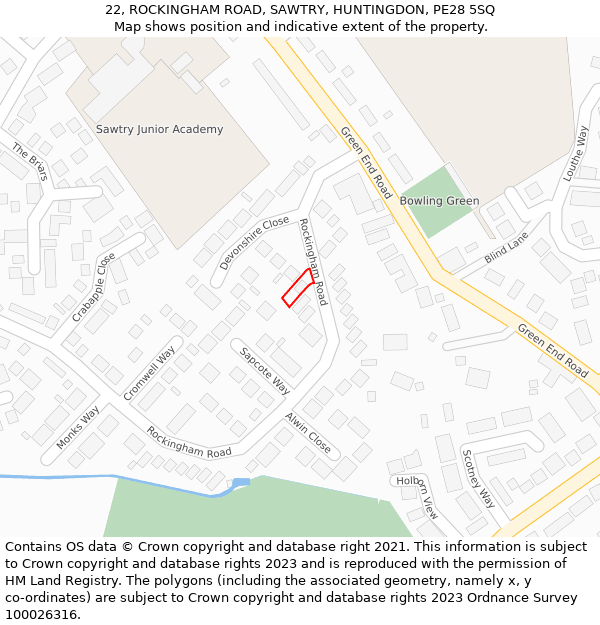 22, ROCKINGHAM ROAD, SAWTRY, HUNTINGDON, PE28 5SQ: Location map and indicative extent of plot