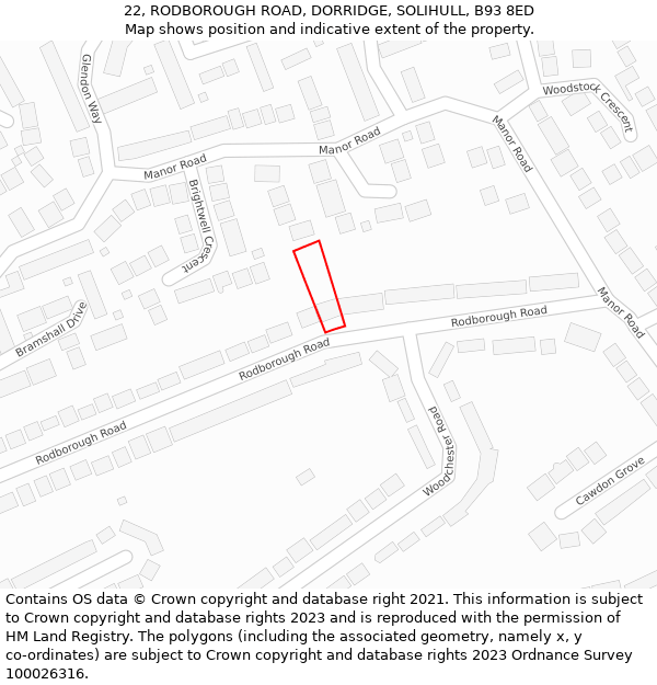 22, RODBOROUGH ROAD, DORRIDGE, SOLIHULL, B93 8ED: Location map and indicative extent of plot