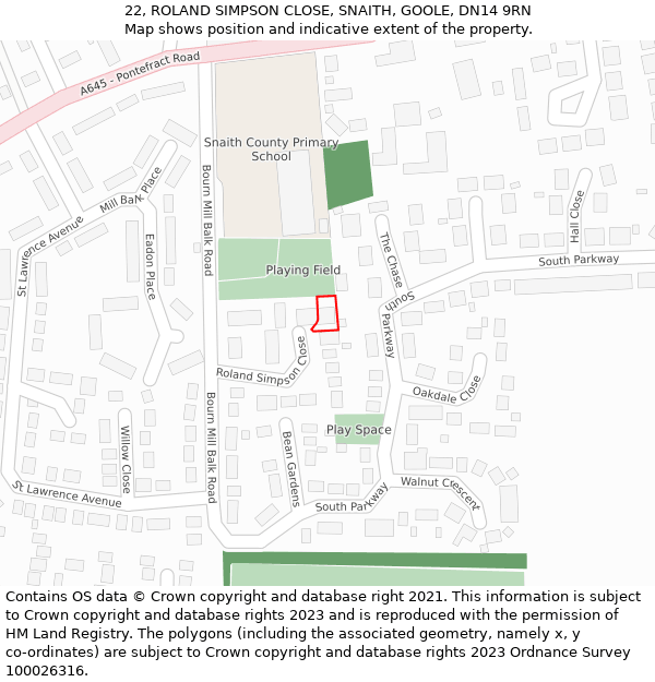 22, ROLAND SIMPSON CLOSE, SNAITH, GOOLE, DN14 9RN: Location map and indicative extent of plot