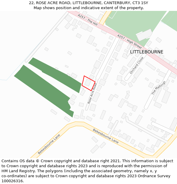 22, ROSE ACRE ROAD, LITTLEBOURNE, CANTERBURY, CT3 1SY: Location map and indicative extent of plot