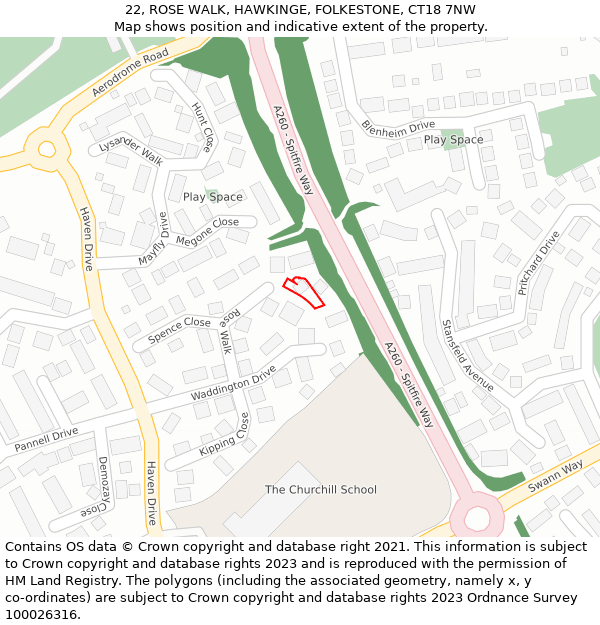 22, ROSE WALK, HAWKINGE, FOLKESTONE, CT18 7NW: Location map and indicative extent of plot