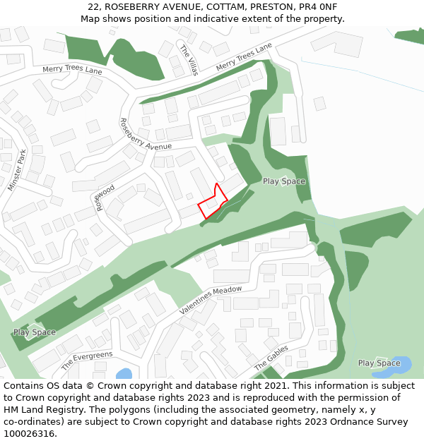 22, ROSEBERRY AVENUE, COTTAM, PRESTON, PR4 0NF: Location map and indicative extent of plot