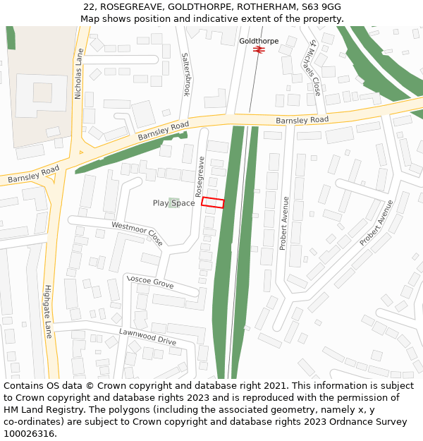 22, ROSEGREAVE, GOLDTHORPE, ROTHERHAM, S63 9GG: Location map and indicative extent of plot