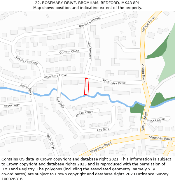 22, ROSEMARY DRIVE, BROMHAM, BEDFORD, MK43 8PL: Location map and indicative extent of plot