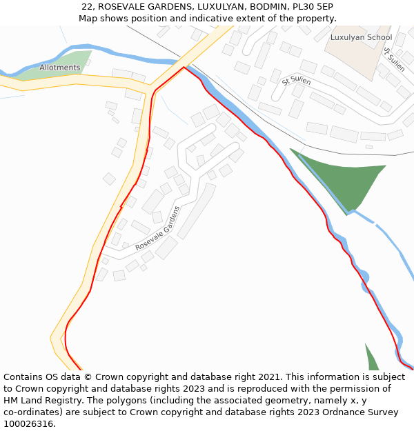22, ROSEVALE GARDENS, LUXULYAN, BODMIN, PL30 5EP: Location map and indicative extent of plot