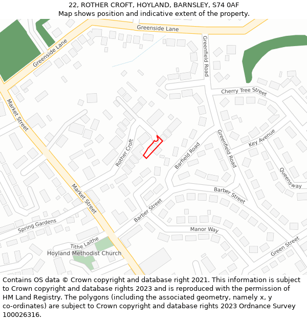 22, ROTHER CROFT, HOYLAND, BARNSLEY, S74 0AF: Location map and indicative extent of plot