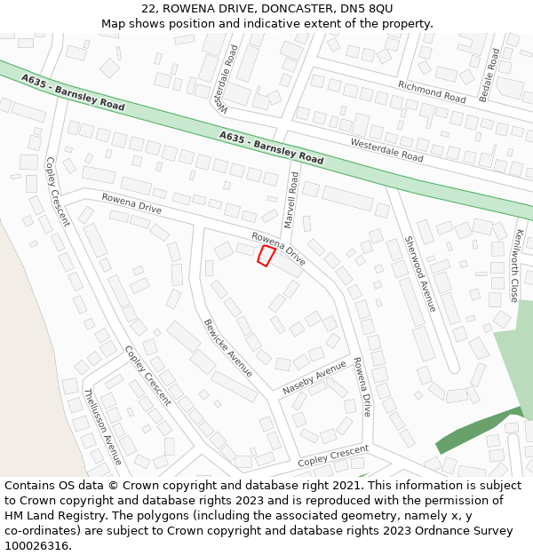 22, ROWENA DRIVE, DONCASTER, DN5 8QU: Location map and indicative extent of plot