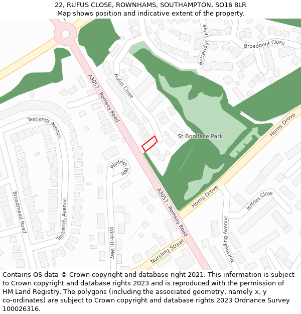 22, RUFUS CLOSE, ROWNHAMS, SOUTHAMPTON, SO16 8LR: Location map and indicative extent of plot